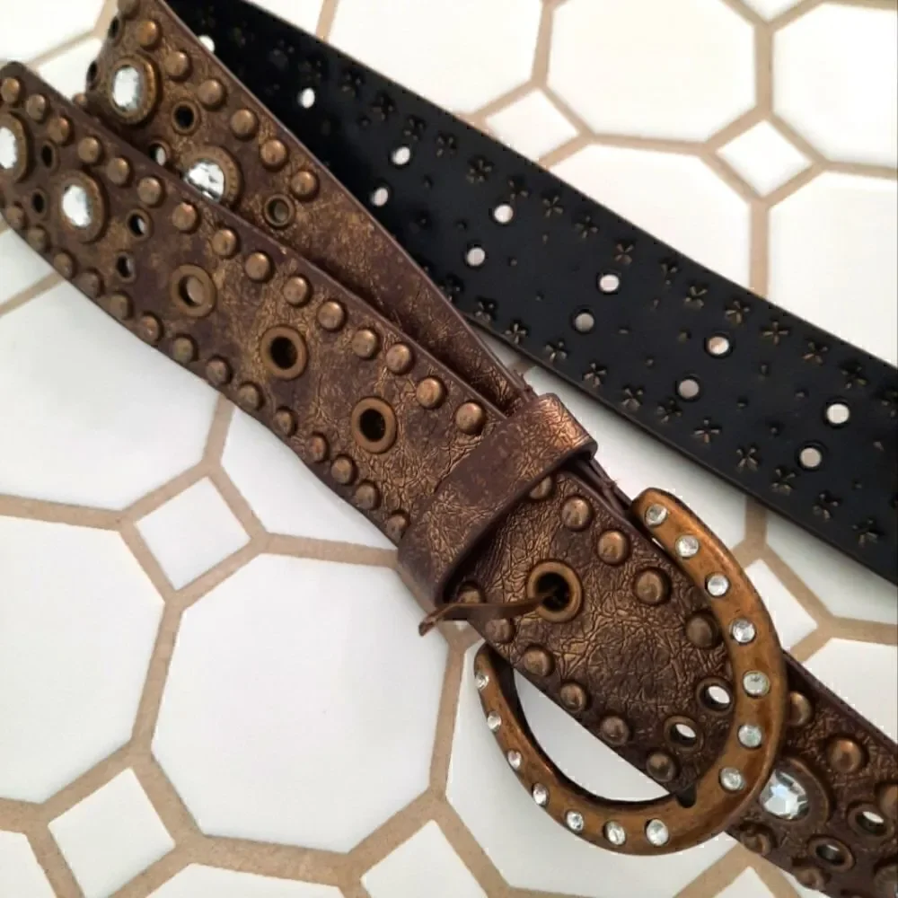 Rolfs Faux Leather Belt Golden Metallic Brown with Rhinestones